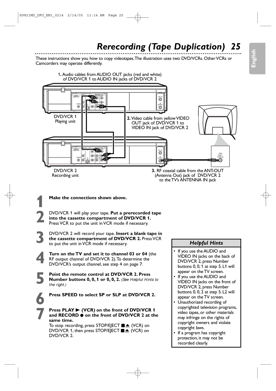 Philips DVP3050V user manual Rerecording Tape Duplication, Make the connections shown above 