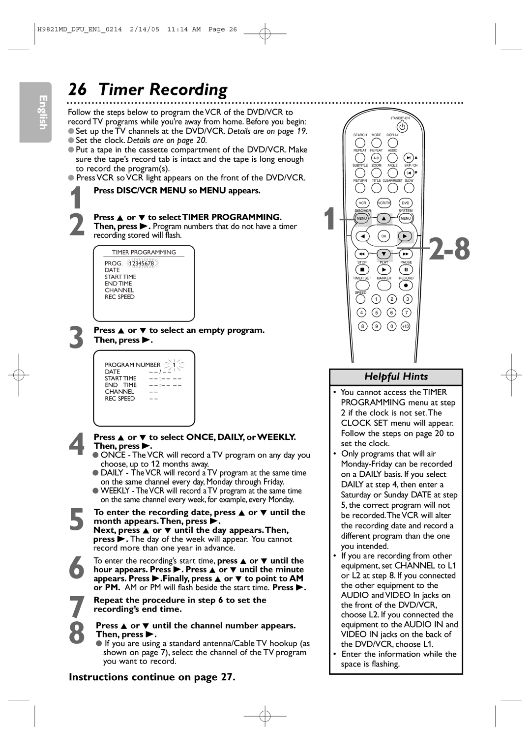 Philips DVP3050V user manual Timer Recording, Instructions continue on 