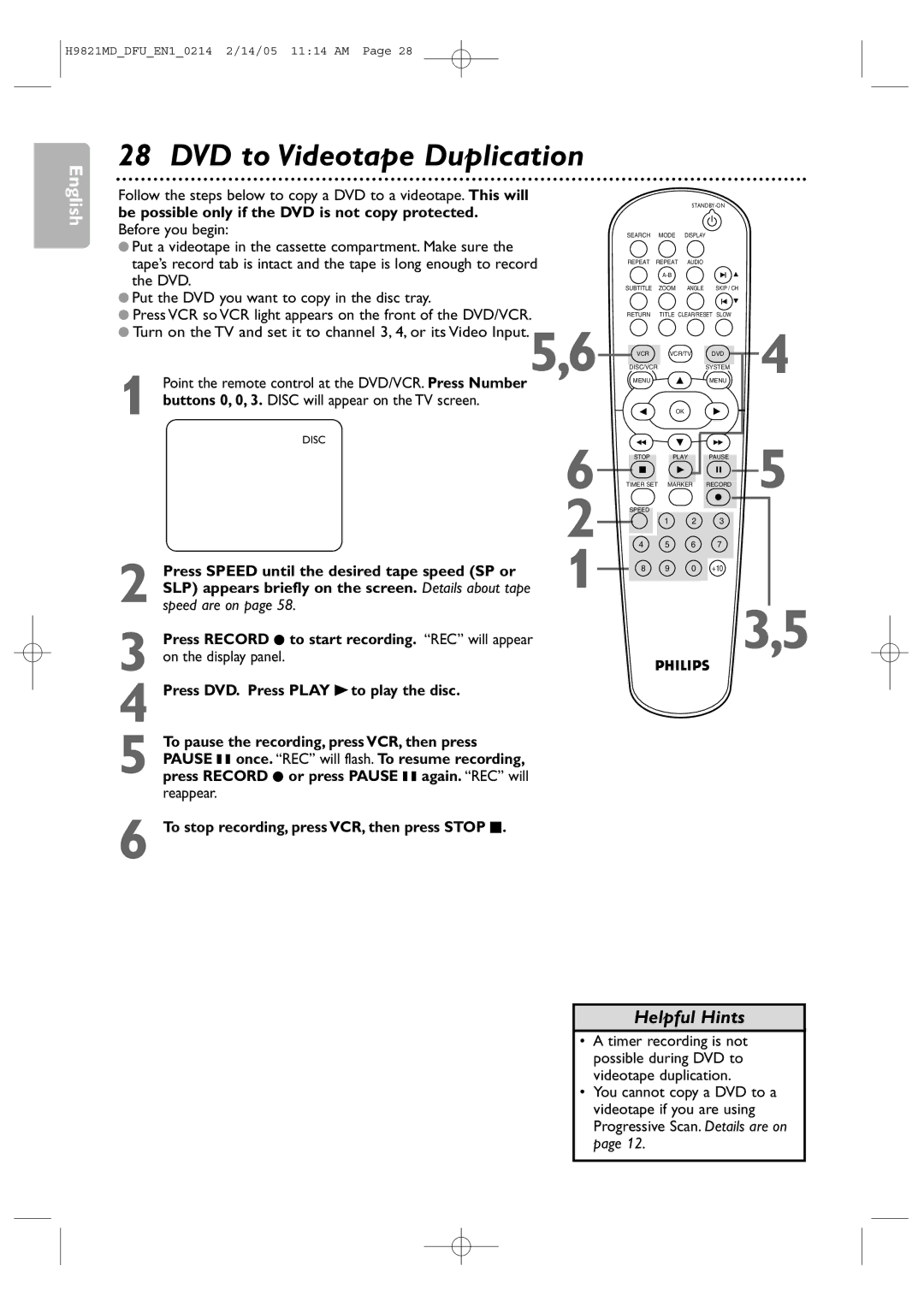 Philips DVP3050V user manual DVD to Videotape Duplication, Speed are on 