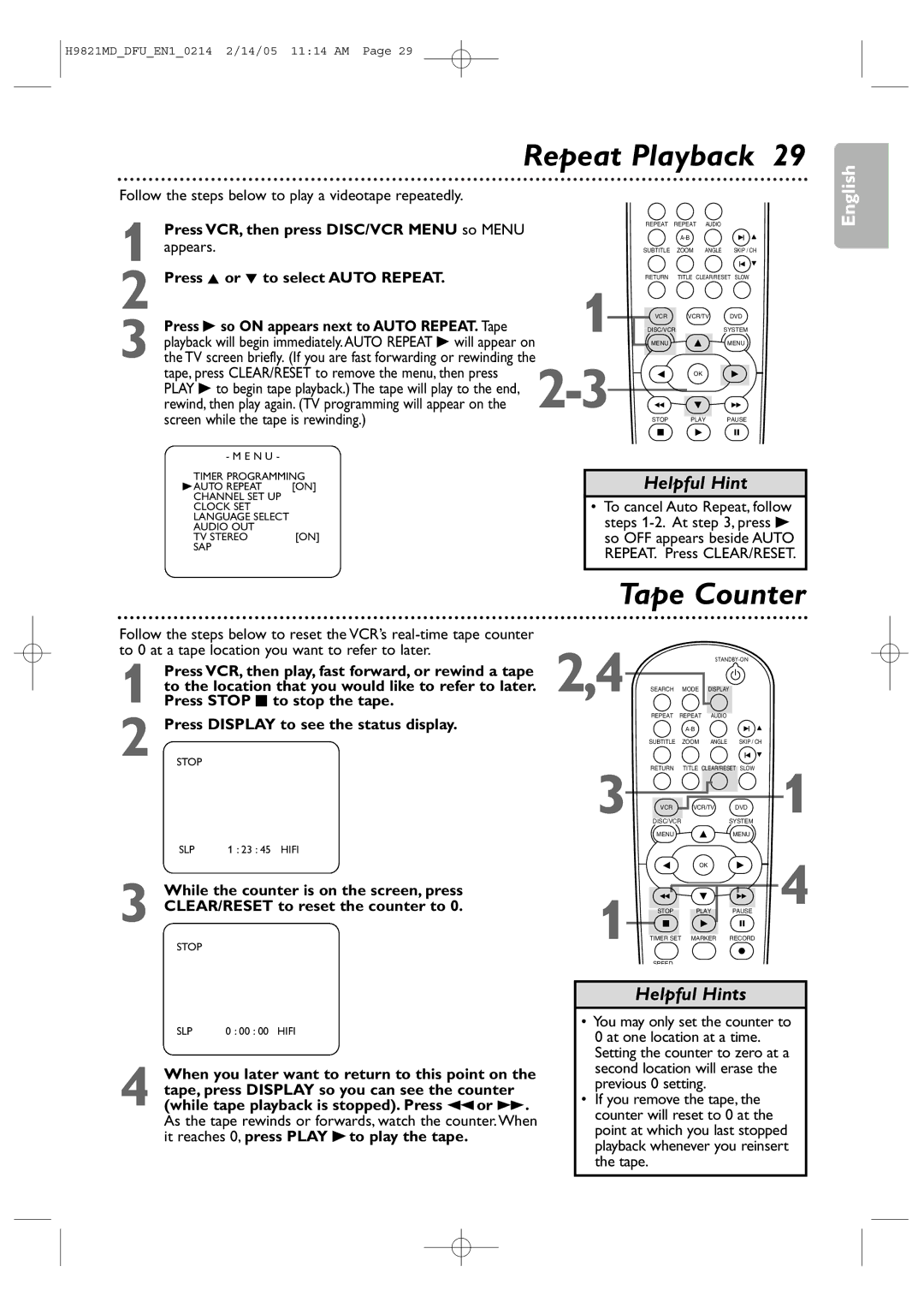 Philips DVP3050V user manual Repeat Playback, Tape Counter 