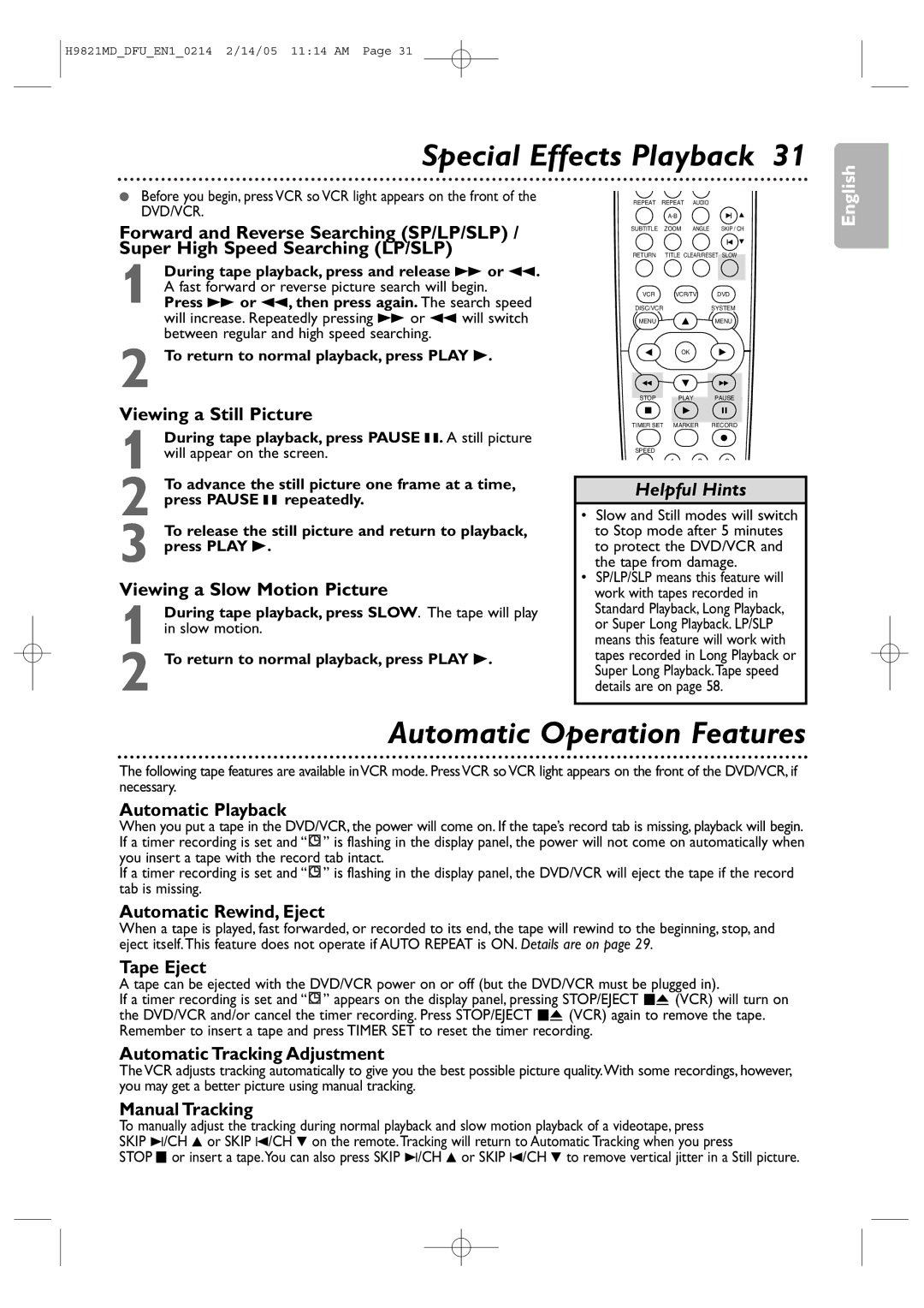 Philips DVP3050V user manual Special Effects Playback, Automatic Operation Features 