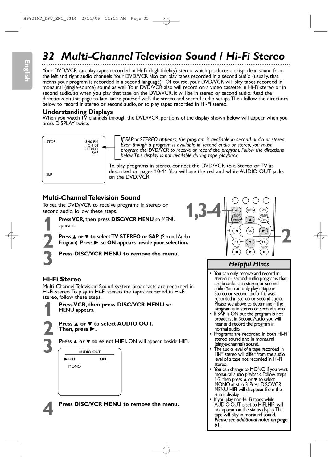 Philips DVP3050V user manual Multi-Channel Television Sound / Hi-Fi Stereo, Understanding Displays 