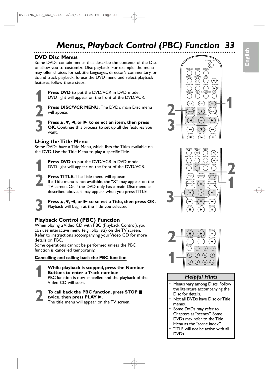 Philips DVP3050V user manual Menus, Playback Control PBC Function, Using the Title Menu 