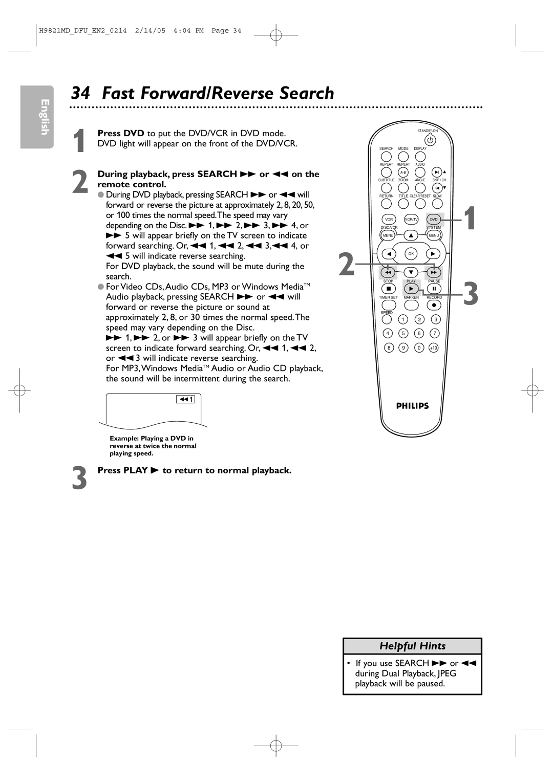 Philips DVP3050V user manual Fast Forward/Reverse Search, During playback, press Search g or h on, Remote control 