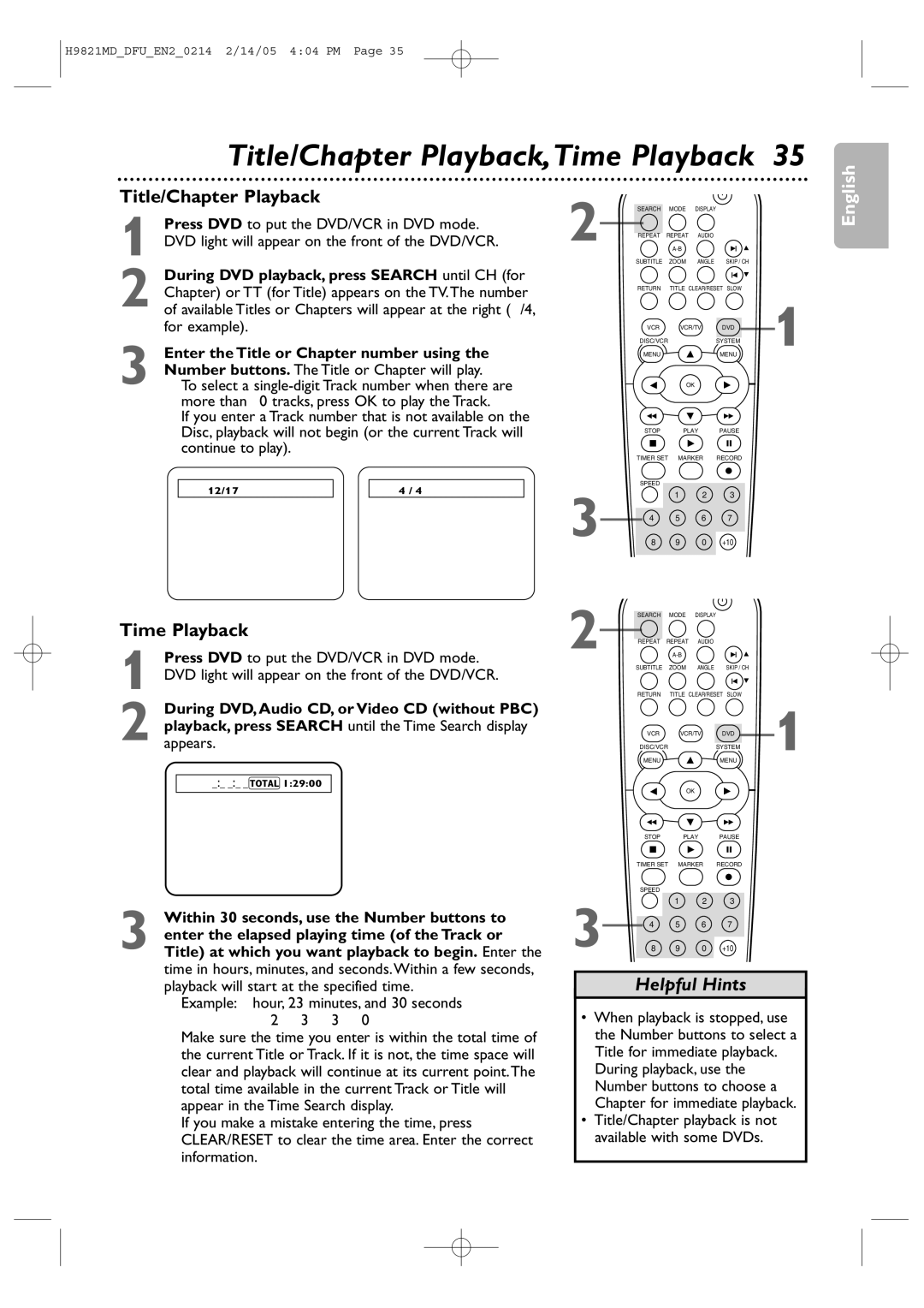 Philips DVP3050V user manual Title/Chapter Playback,Time Playback 