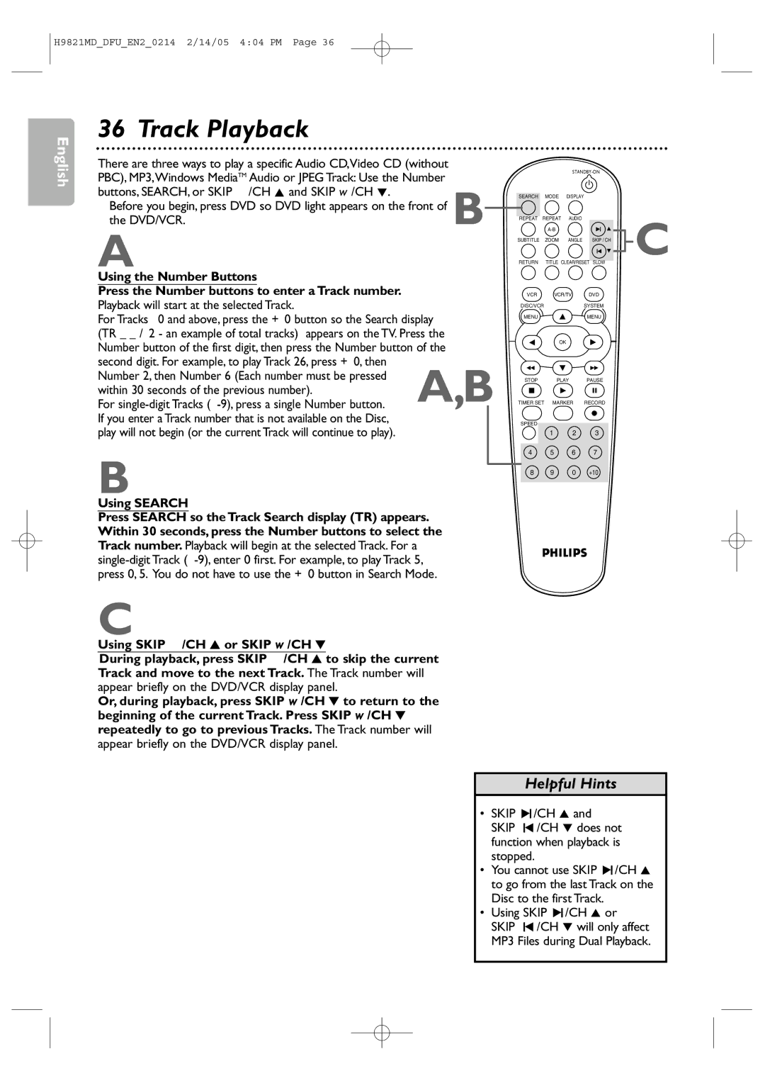 Philips DVP3050V Track Playback, Playback will start at the selected Track, Within 30 seconds of the previous number 