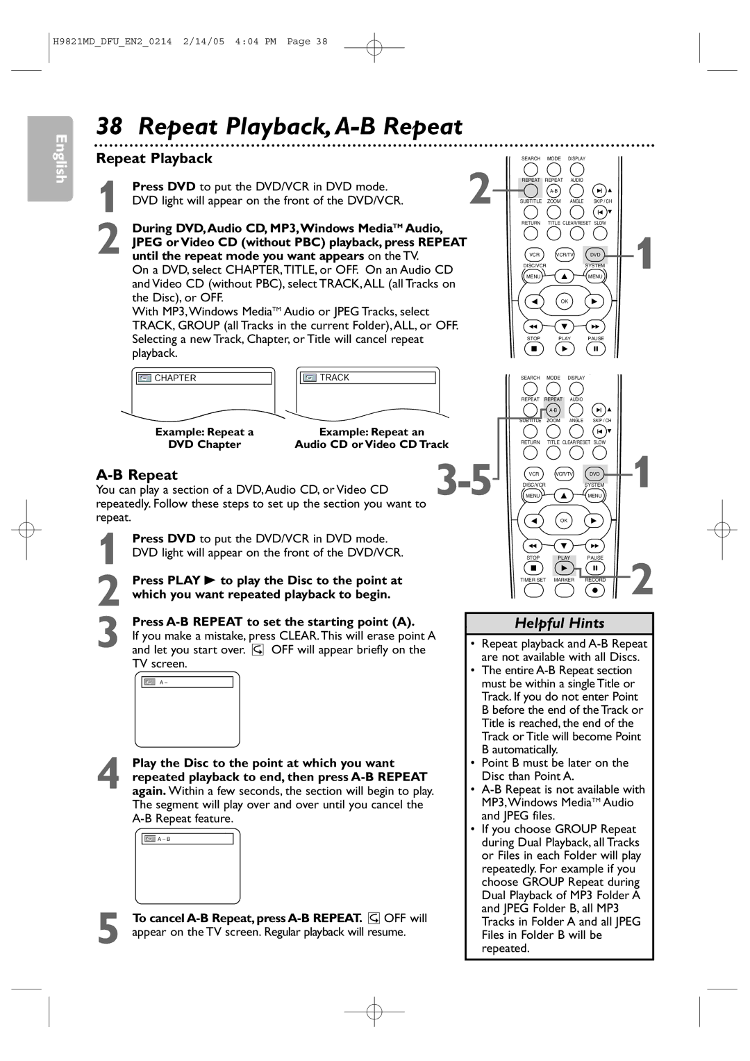 Philips DVP3050V user manual Repeat Playback, A-B Repeat, Let you start over OFF will appear briefly on 