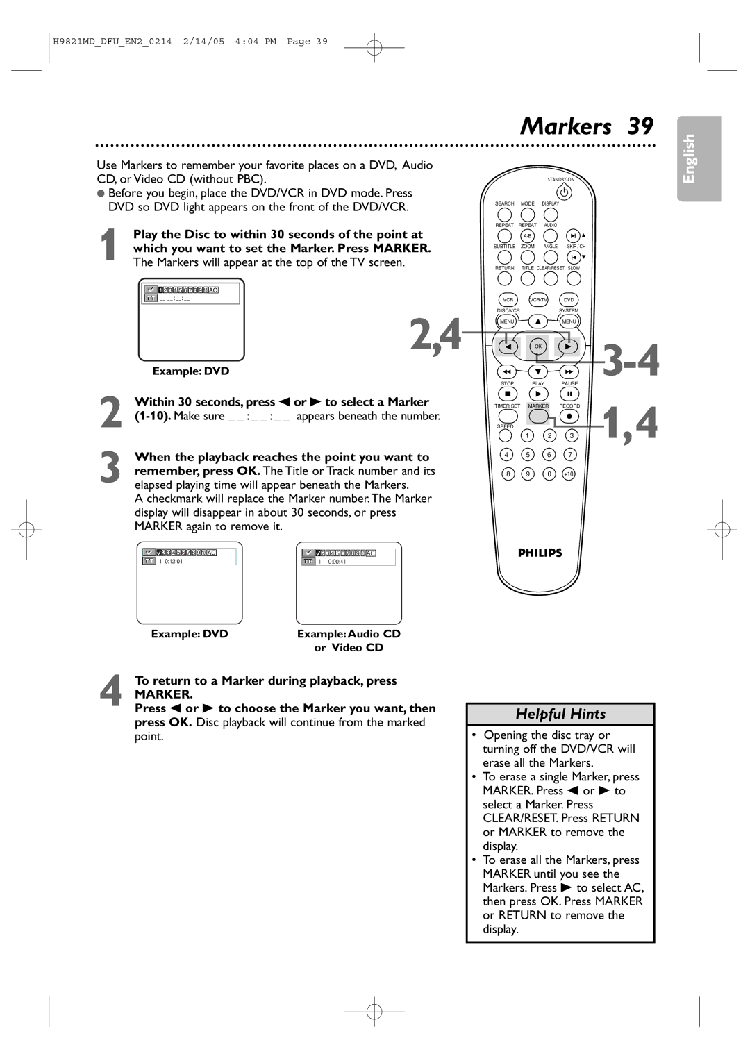 Philips DVP3050V Markers, Within 30 seconds, press s or B to select a Marker, To return to a Marker during playback, press 