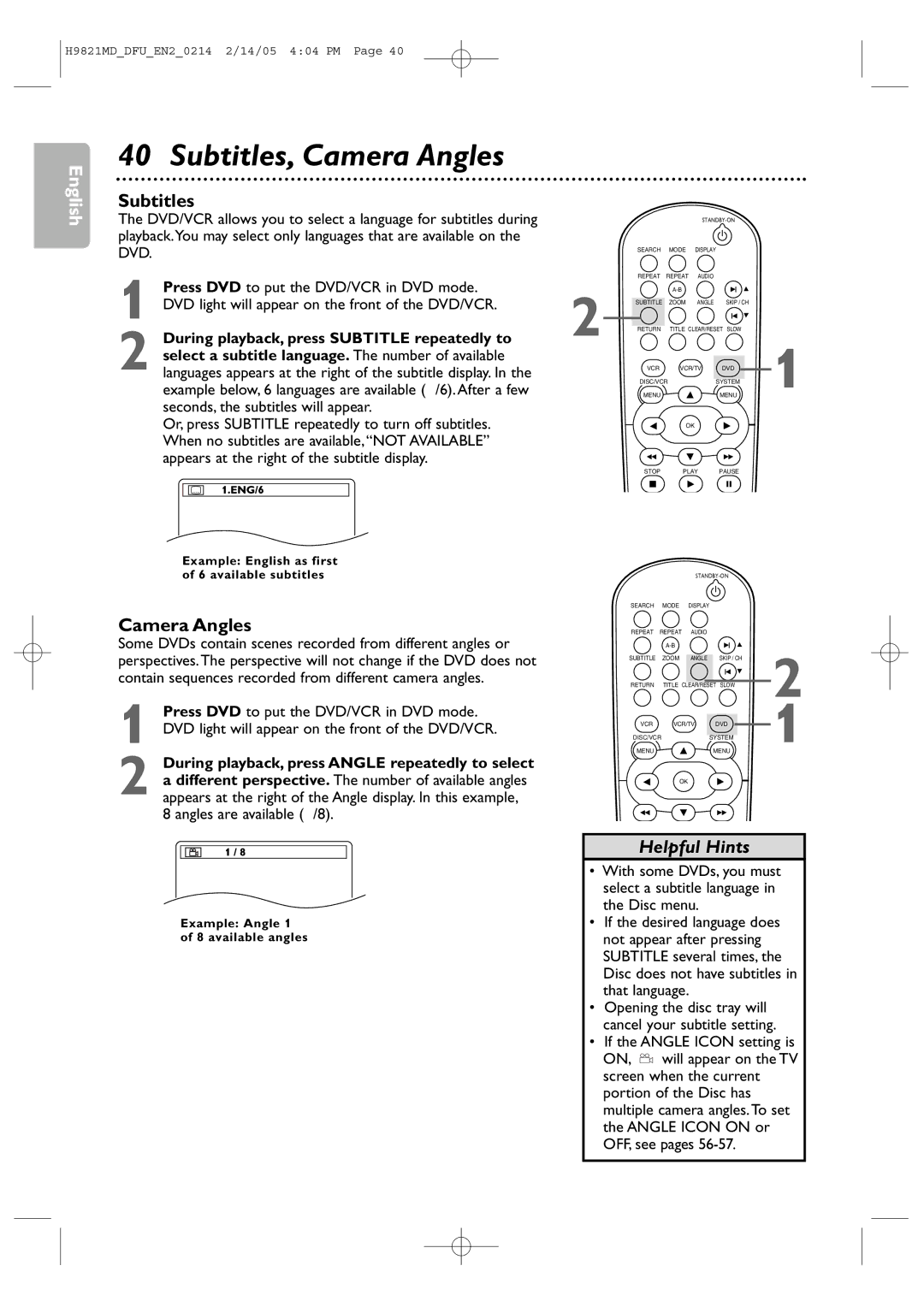 Philips DVP3050V user manual Subtitles, Camera Angles, During playback, press Subtitle repeatedly to 