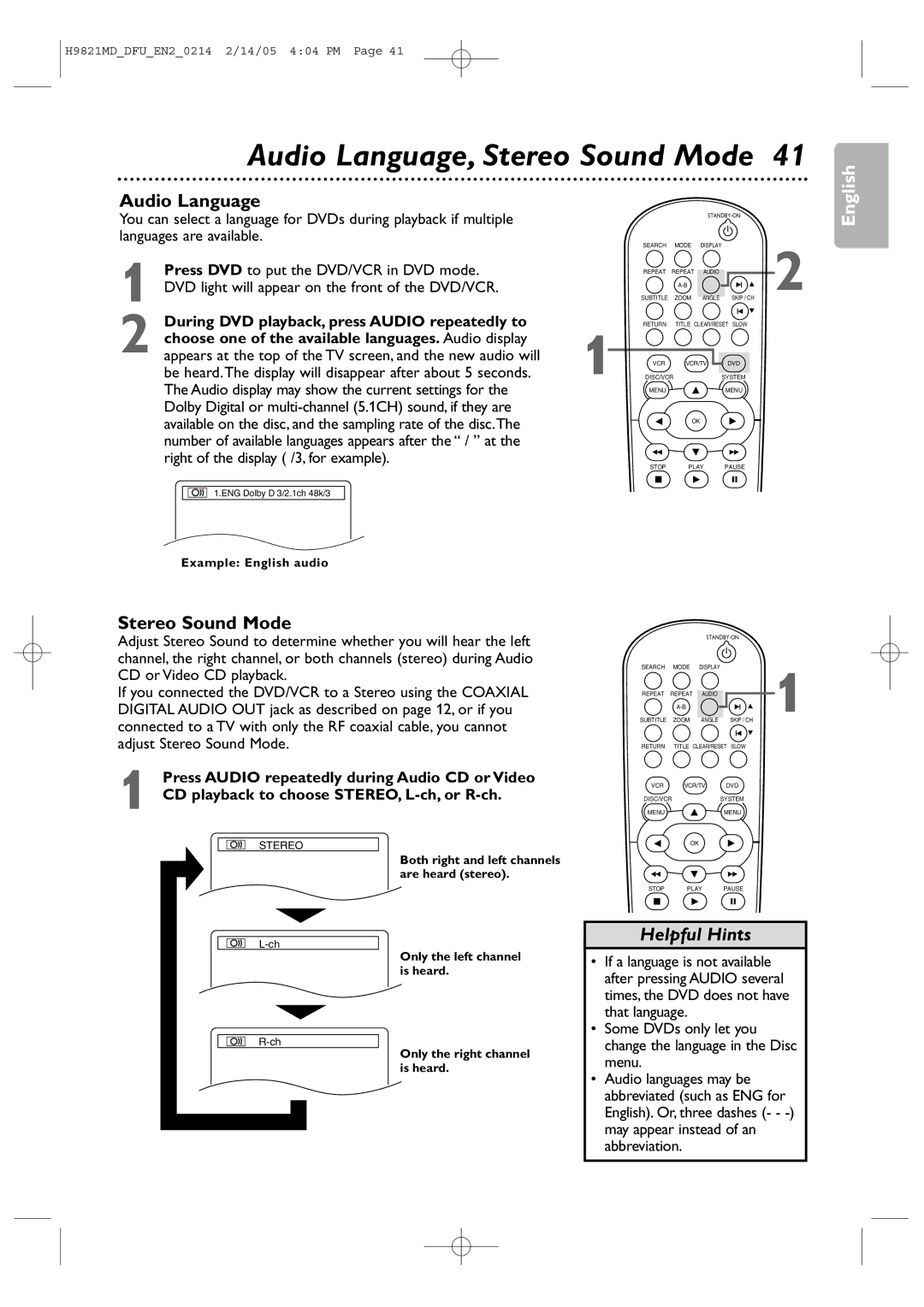 Philips DVP3050V user manual Audio Language, Stereo Sound Mode, During DVD playback, press Audio repeatedly to 