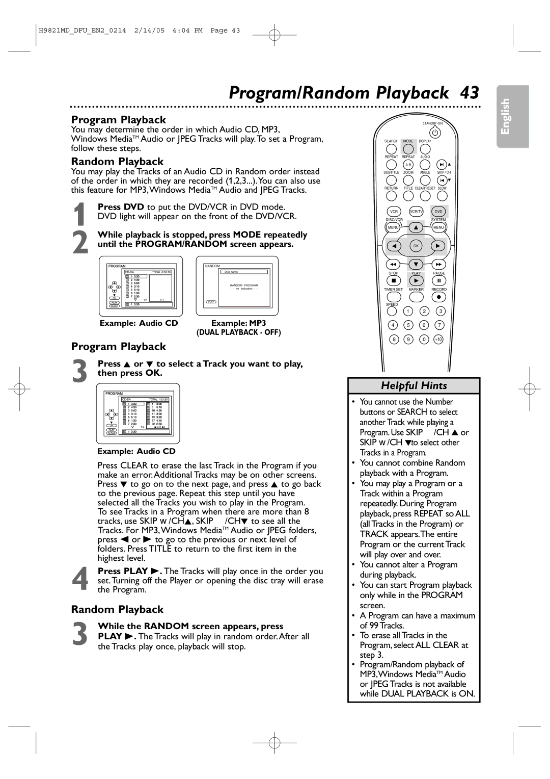 Philips DVP3050V user manual Program/Random Playback, Program Playback 