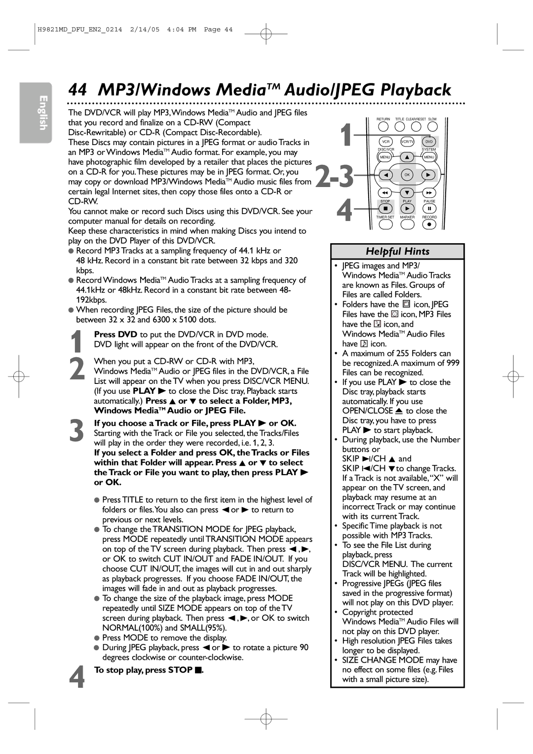 Philips DVP3050V user manual 44 MP3/Windows MediaTM Audio/JPEG Playback 