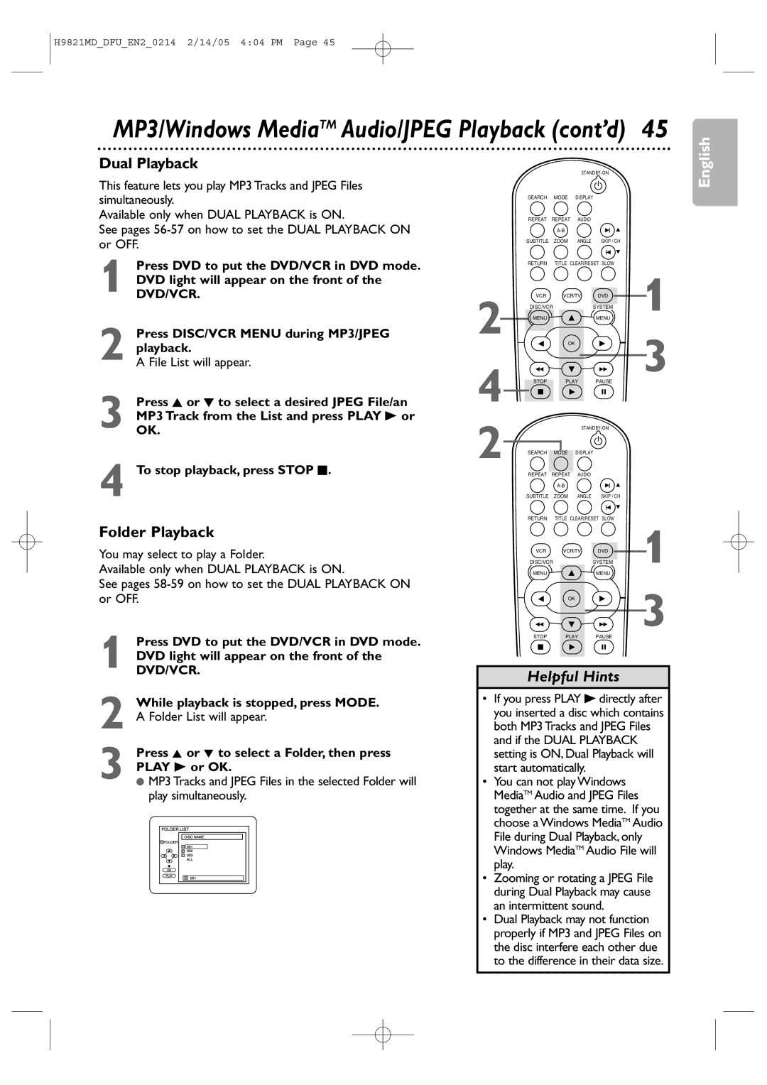 Philips DVP3050V user manual Dual Playback, Folder Playback, File List will appear 