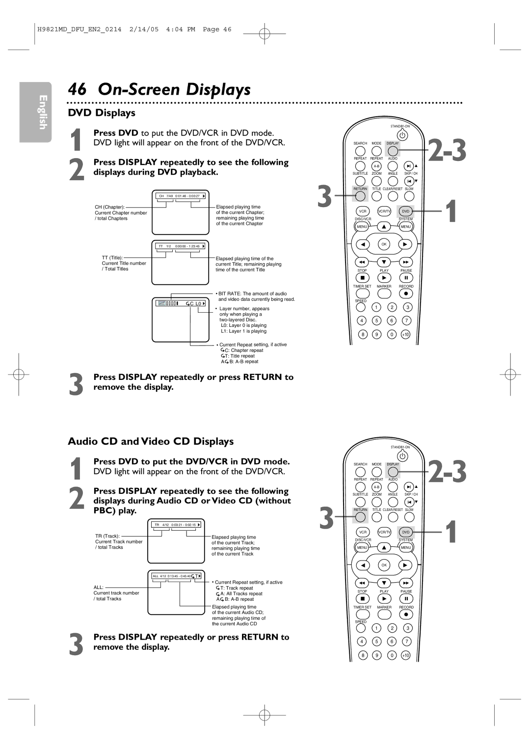 Philips DVP3050V user manual On-Screen Displays, DVD Displays, Audio CD and Video CD Displays, Displays during DVD playback 