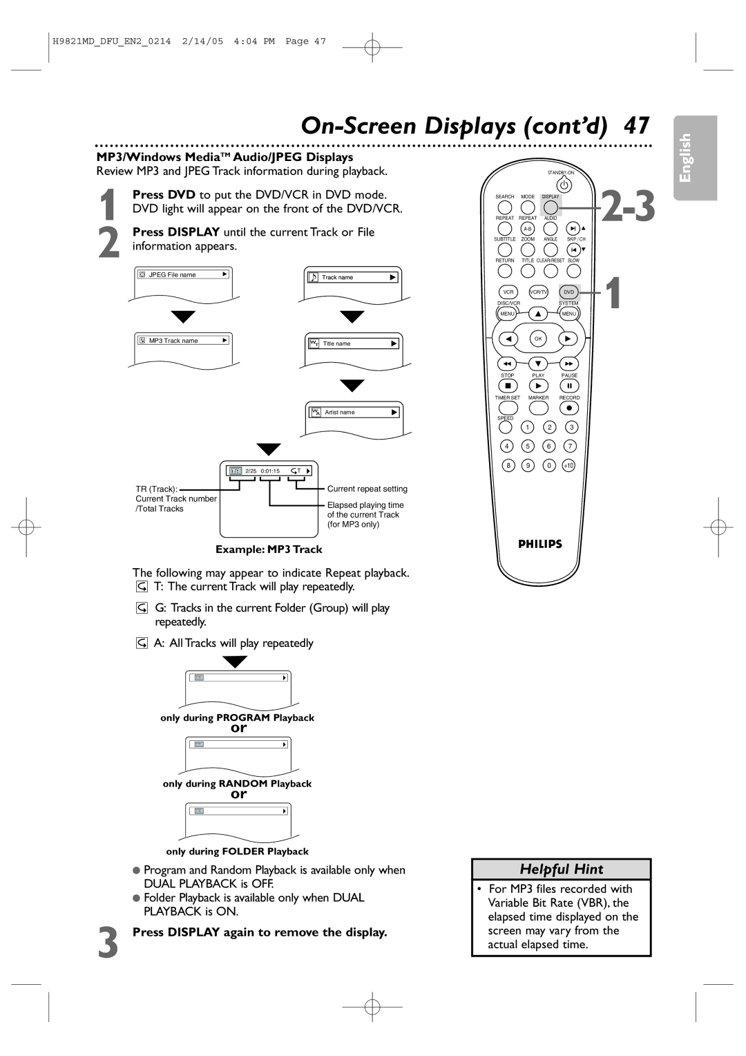 Philips DVP3050V user manual On-Screen Displays cont’d, Press Display again to remove the display 