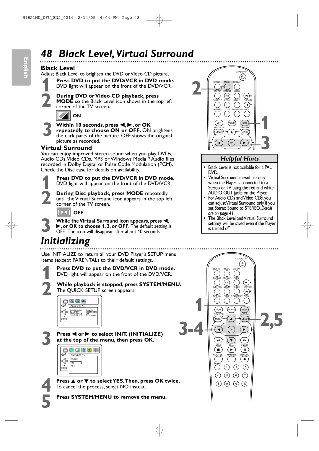 Philips DVP3050V user manual Black Level,Virtual Surround, Initializing, Press SYSTEM/MENU to remove the menu 