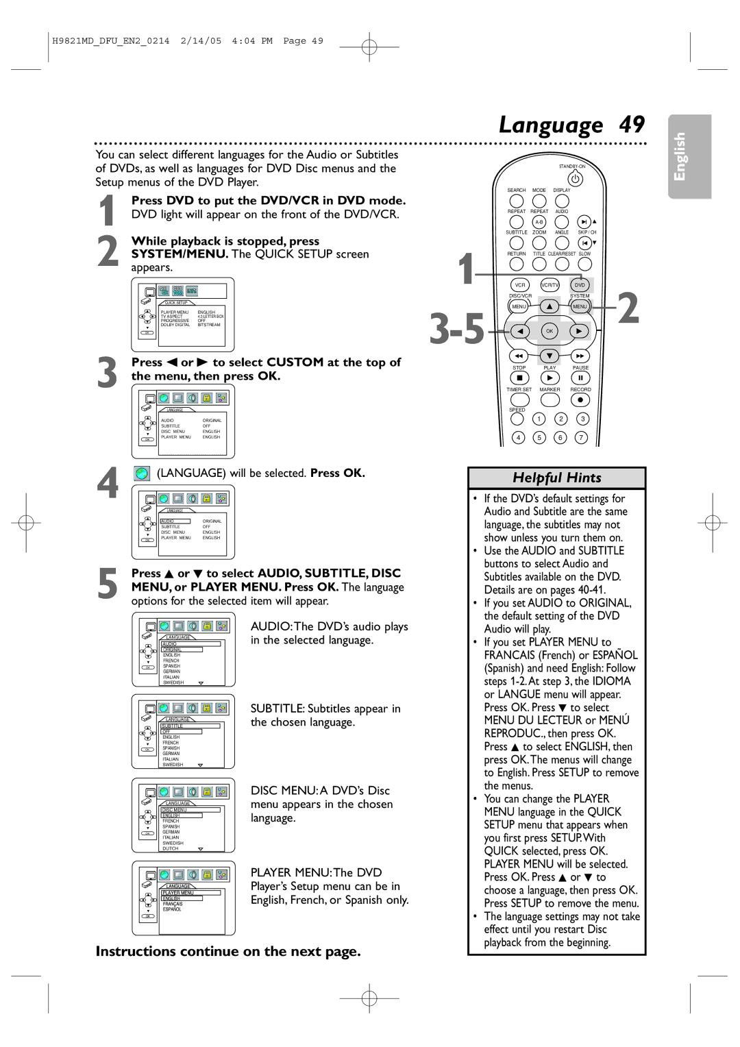 Philips DVP3050V user manual Instructions continue on the next 