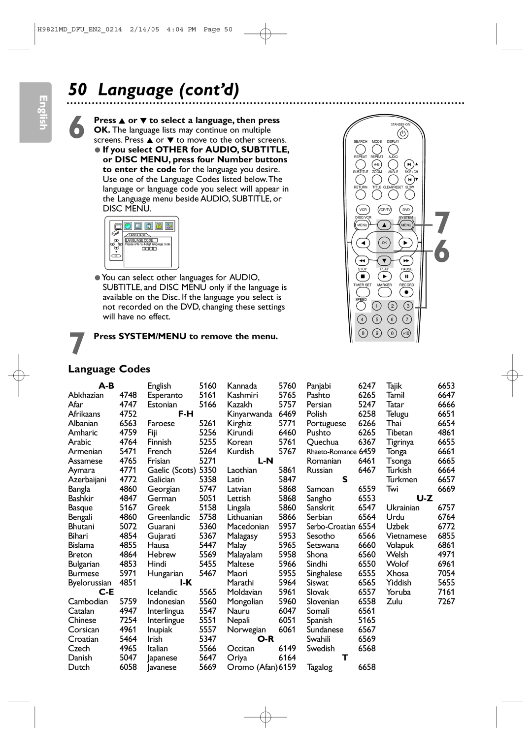 Philips DVP3050V user manual Language cont’d, Language Codes, Press K or L to select a language, then press 