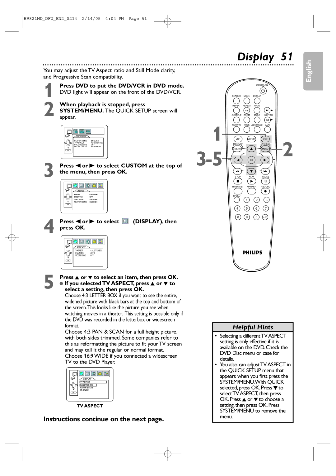 Philips DVP3050V user manual Display, Press s or B to select Custom at the top, If you selected TV ASPECT, press K or L to 