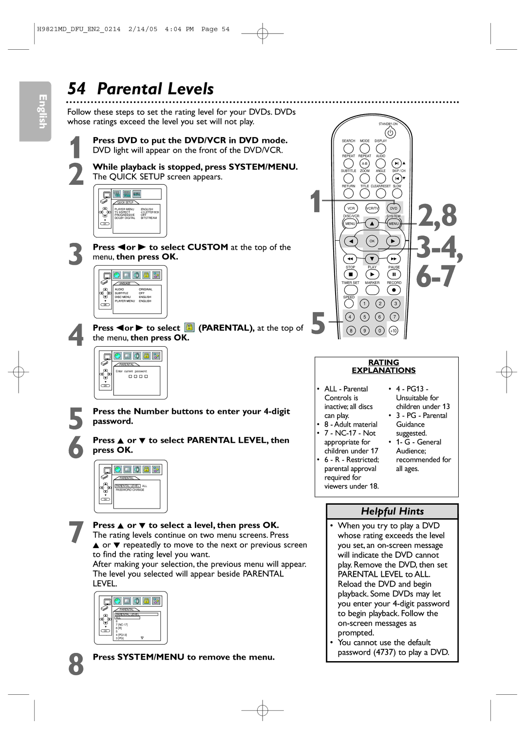 Philips DVP3050V Parental Levels, Press sor B to select Custom at the top Menu, then press OK, PARENTAL, at the top 