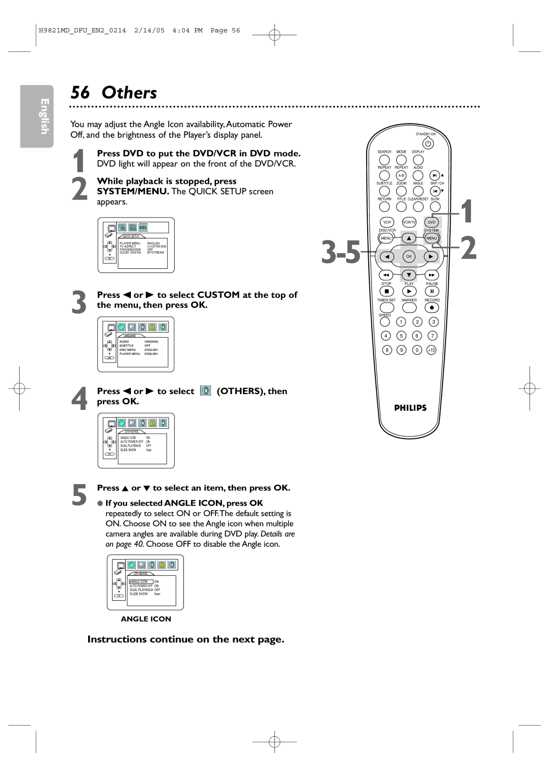 Philips DVP3050V user manual Others, Press s or B to select OTHERS, then Press OK 