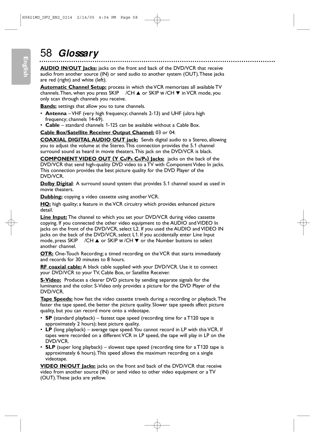 Philips DVP3050V user manual Glossary, Cable Box/Satellite Receiver Output Channel 03 or 