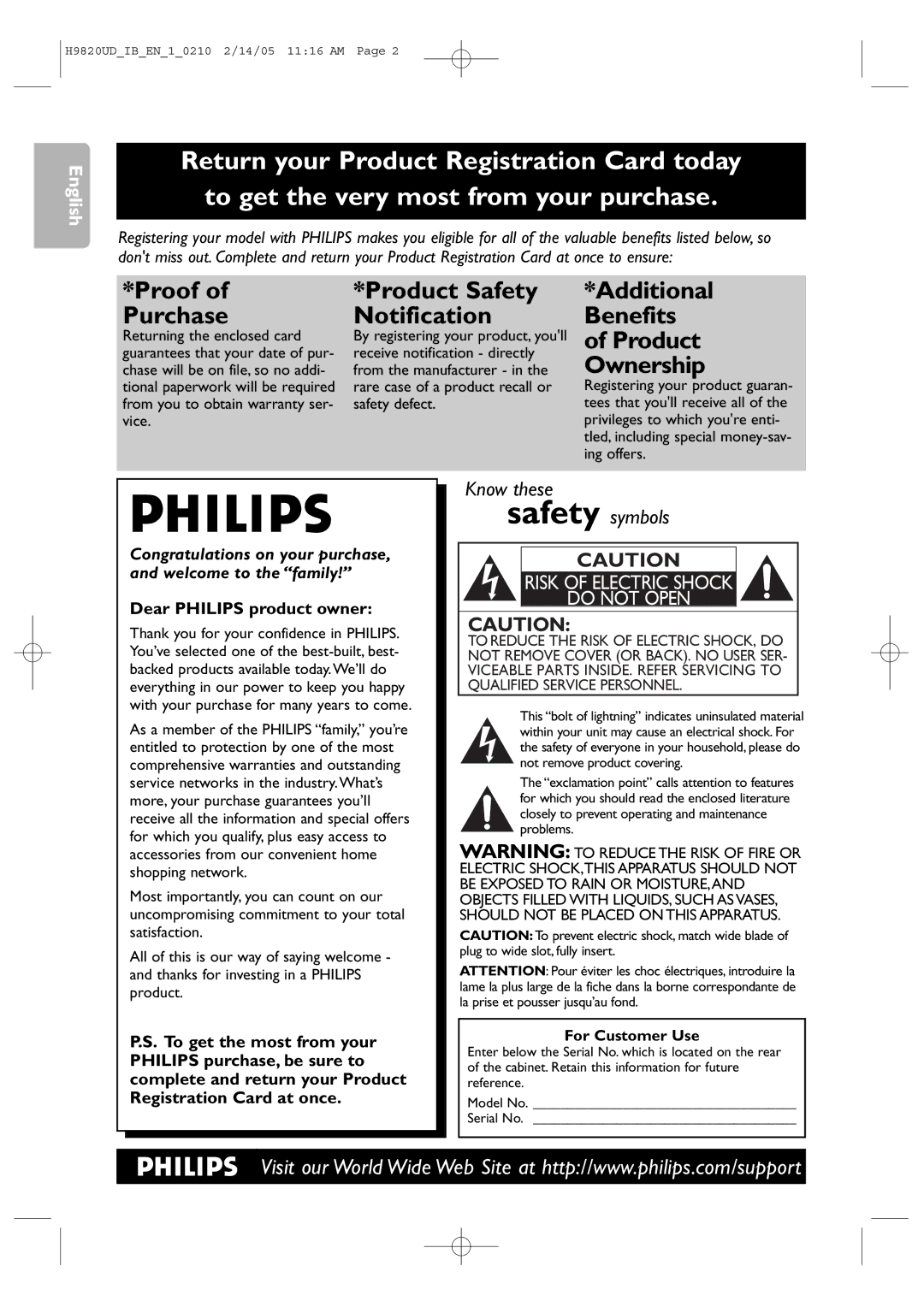 Philips DVP3050V/37B user manual Proof of Purchase, For Customer Use 