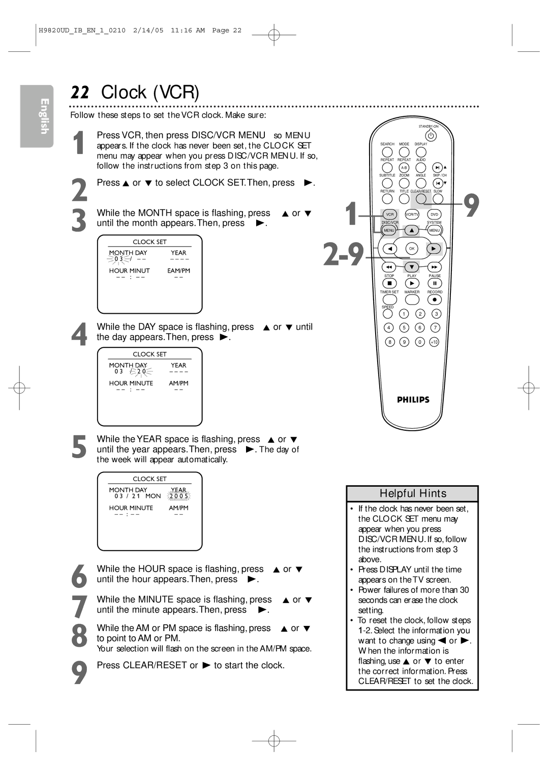 Philips DVP3050V/37B user manual Clock VCR, While the DAY space is flashing, press K or L until 