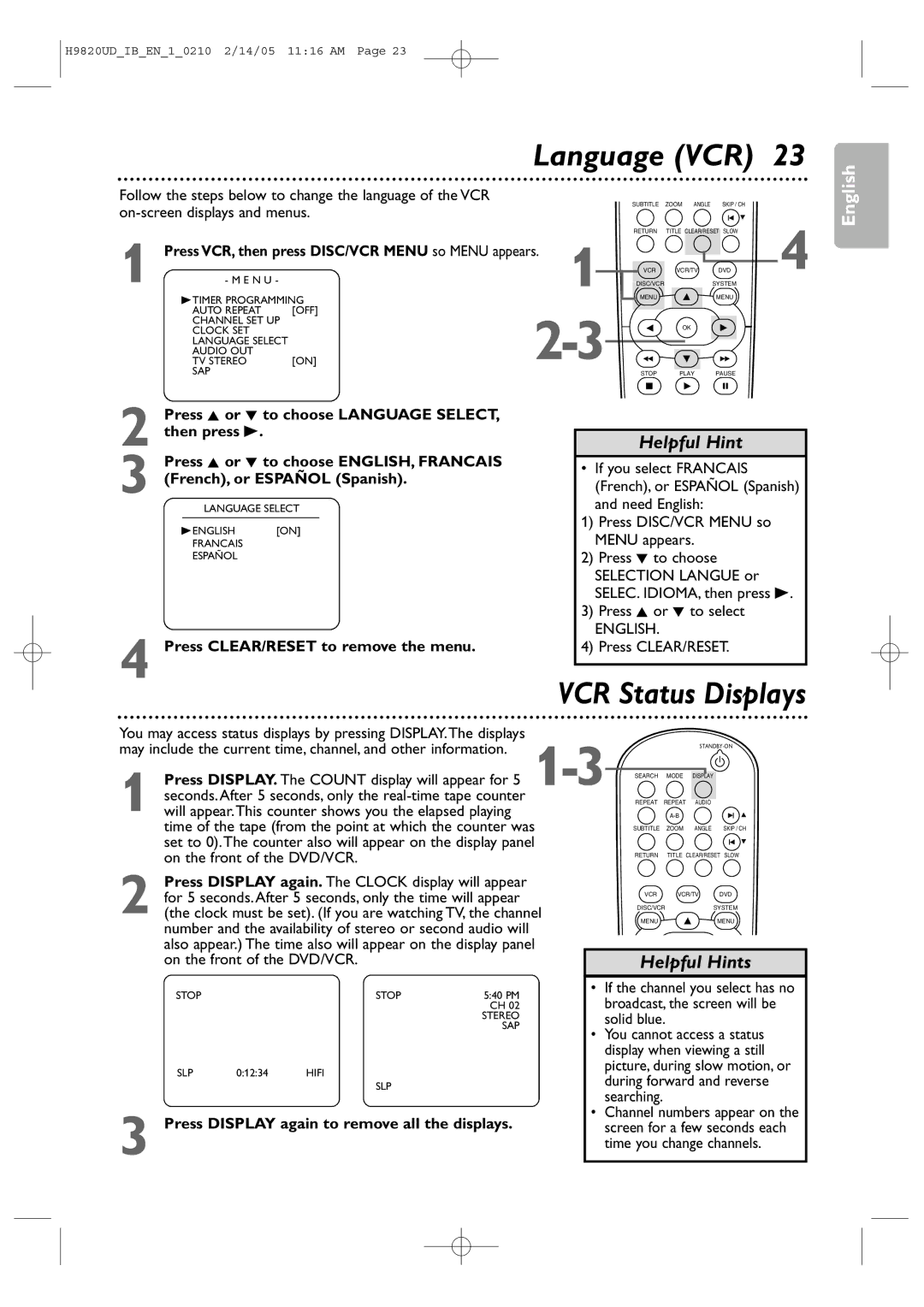 Philips DVP3050V/37B user manual Language VCR, VCR Status Displays, Press CLEAR/RESET to remove the menu 