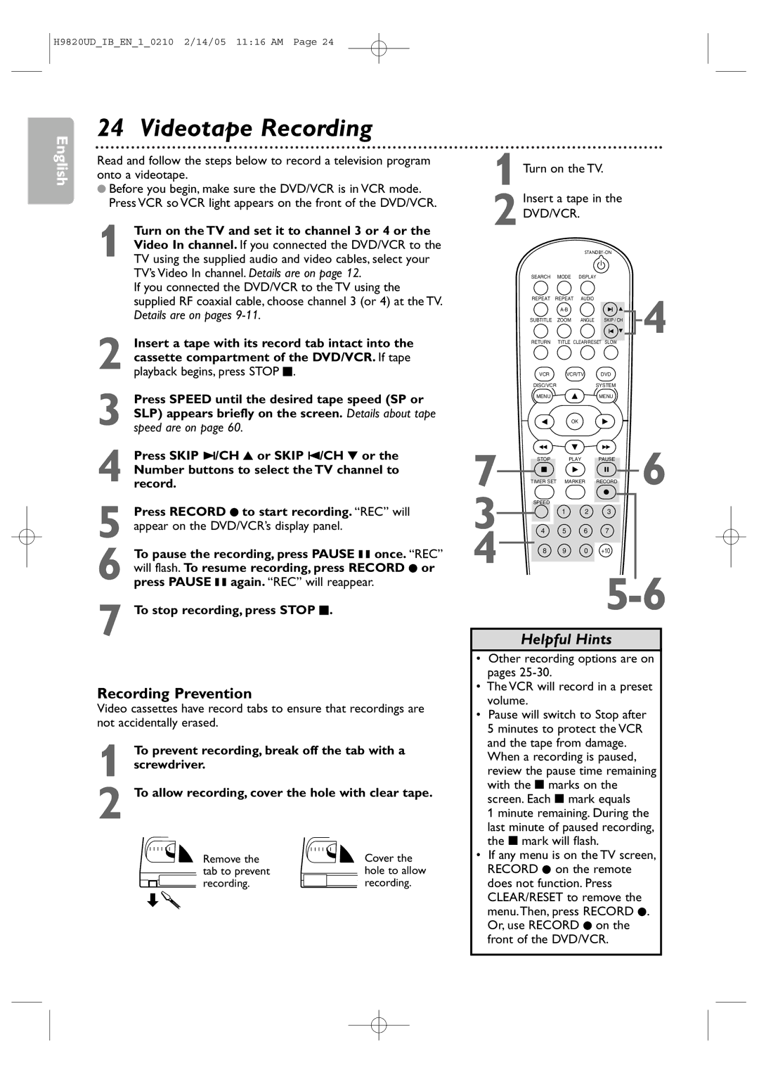 Philips DVP3050V/37B user manual Videotape Recording, Recording Prevention, To stop recording, press Stop C 