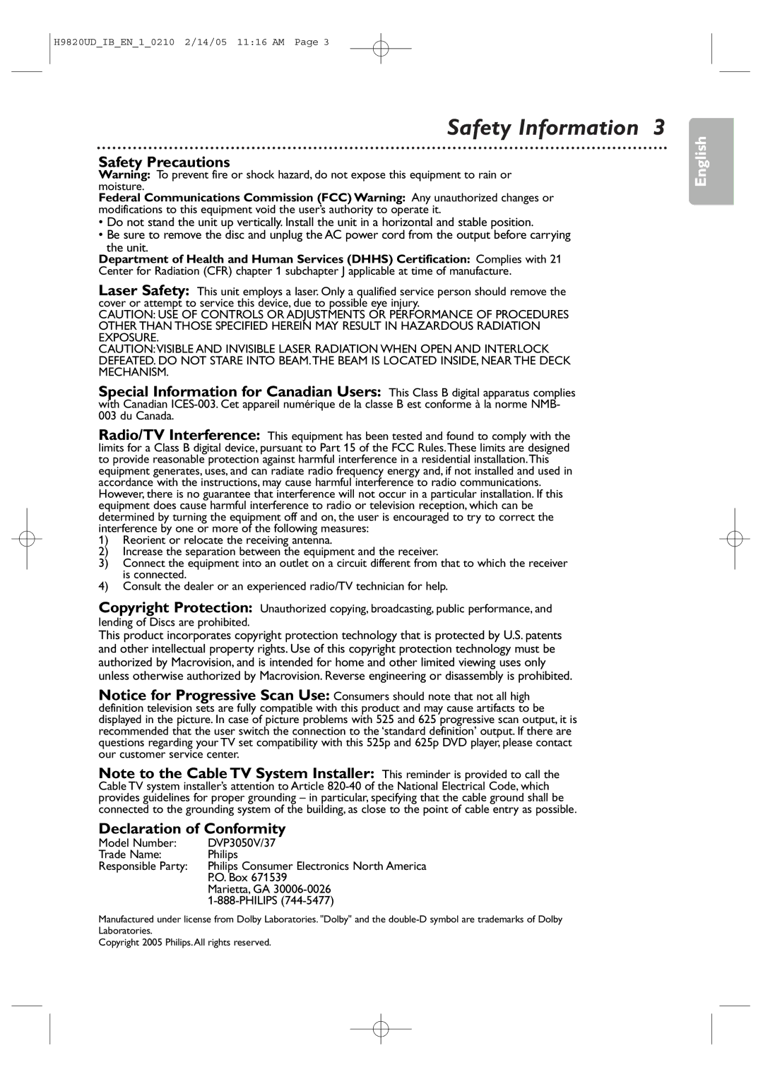 Philips DVP3050V/37B user manual Safety Precautions, Declaration of Conformity, Box, Marietta, GA 