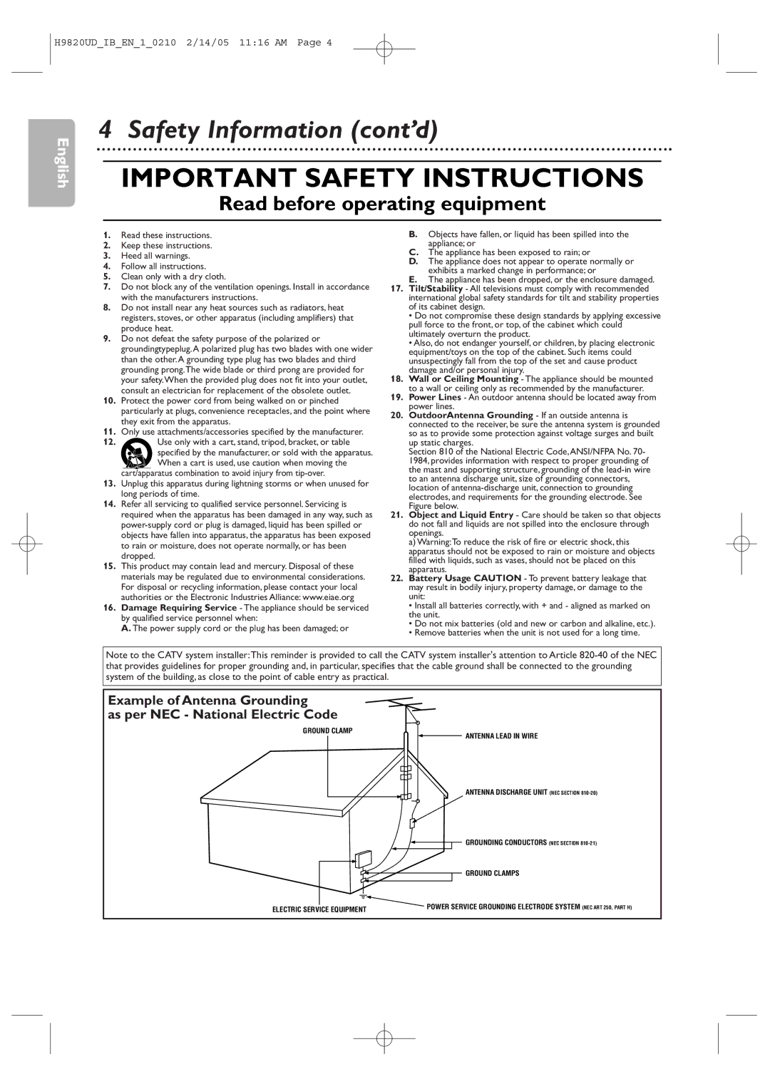 Philips DVP3050V/37B user manual Important Safety Instructions, Safety Information cont’d 