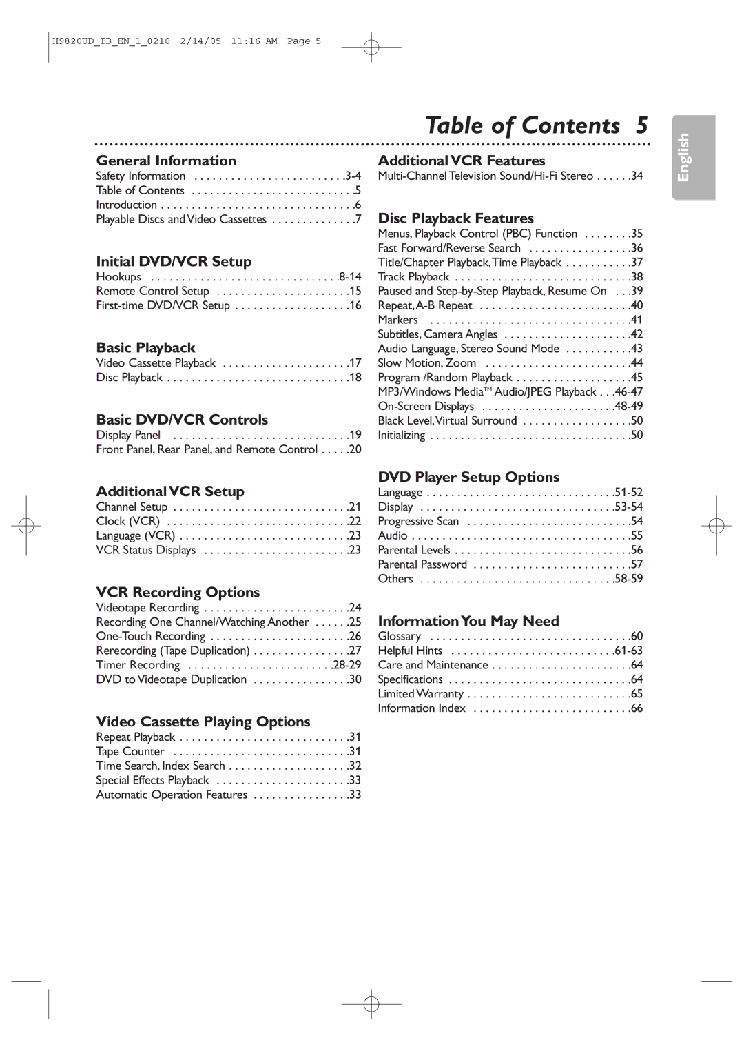 Philips DVP3050V/37B user manual Table of Contents 