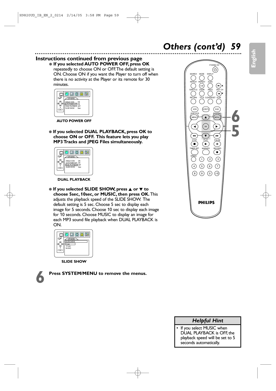 Philips DVP3050V/37B user manual Others cont’d, Press SYSTEM/MENU to remove the menus 