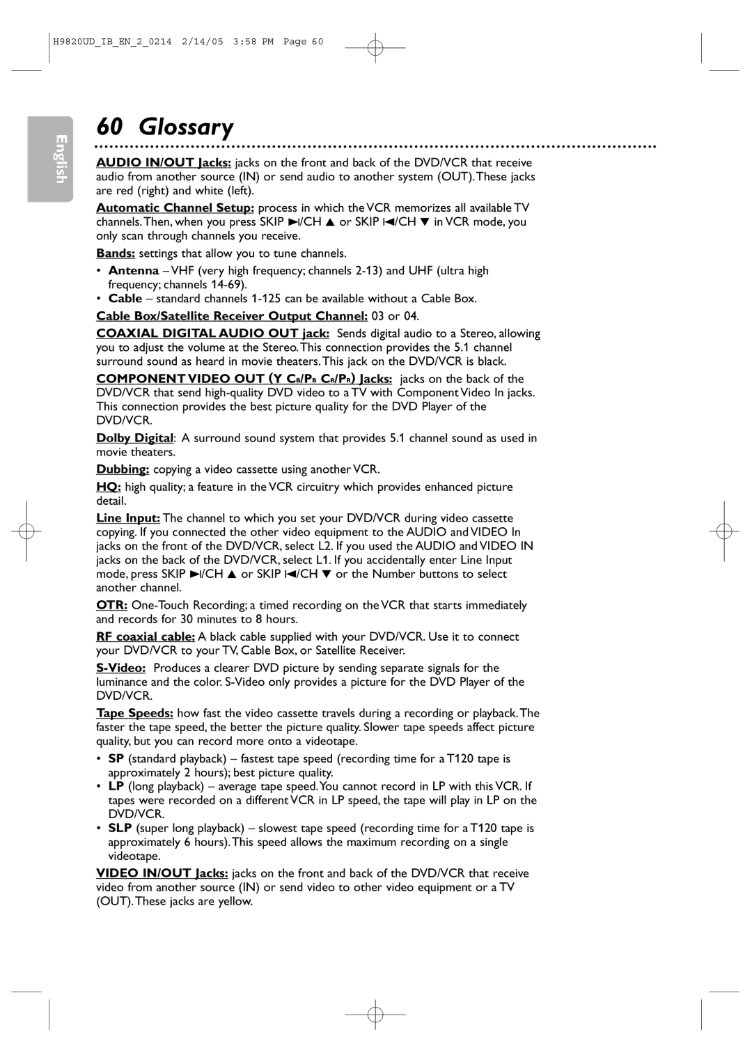 Philips DVP3050V/37B user manual Glossary, Cable Box/Satellite Receiver Output Channel 03 or 