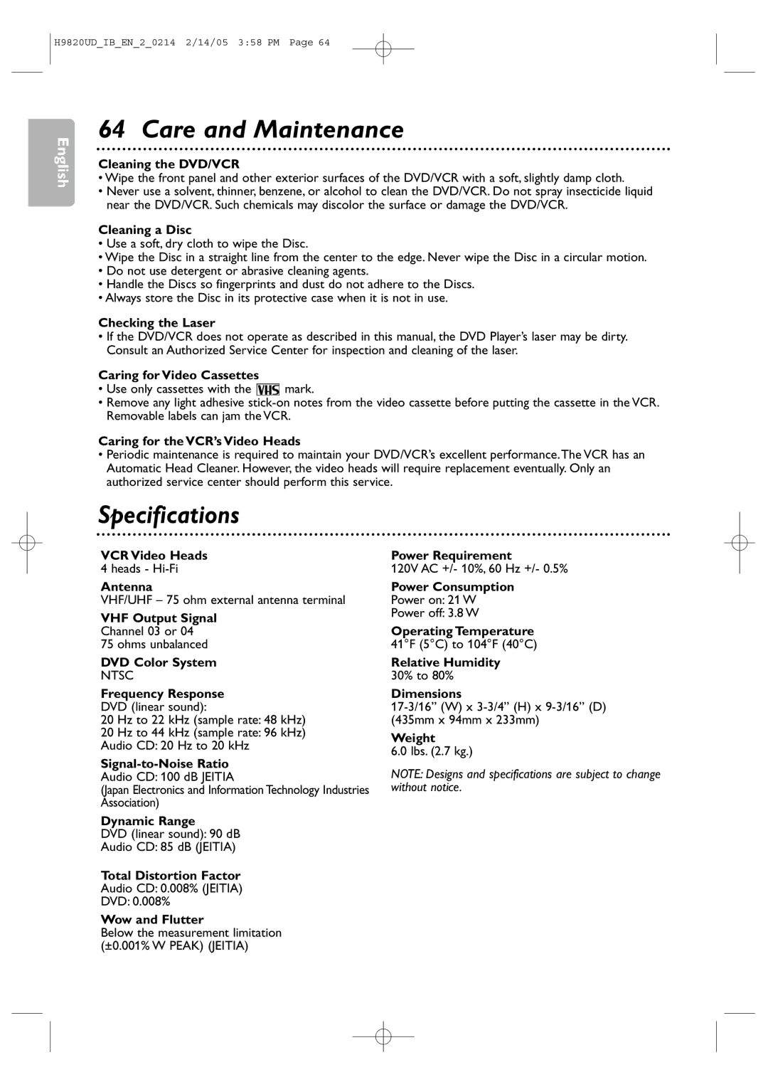 Philips DVP3050V/37B user manual Care and Maintenance, Specifications 