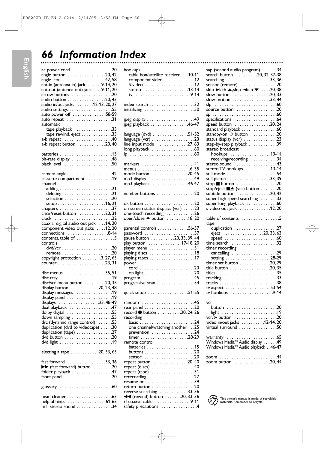 Philips DVP3050V/37B user manual Information Index, Controls Dvd/vcr Remote 