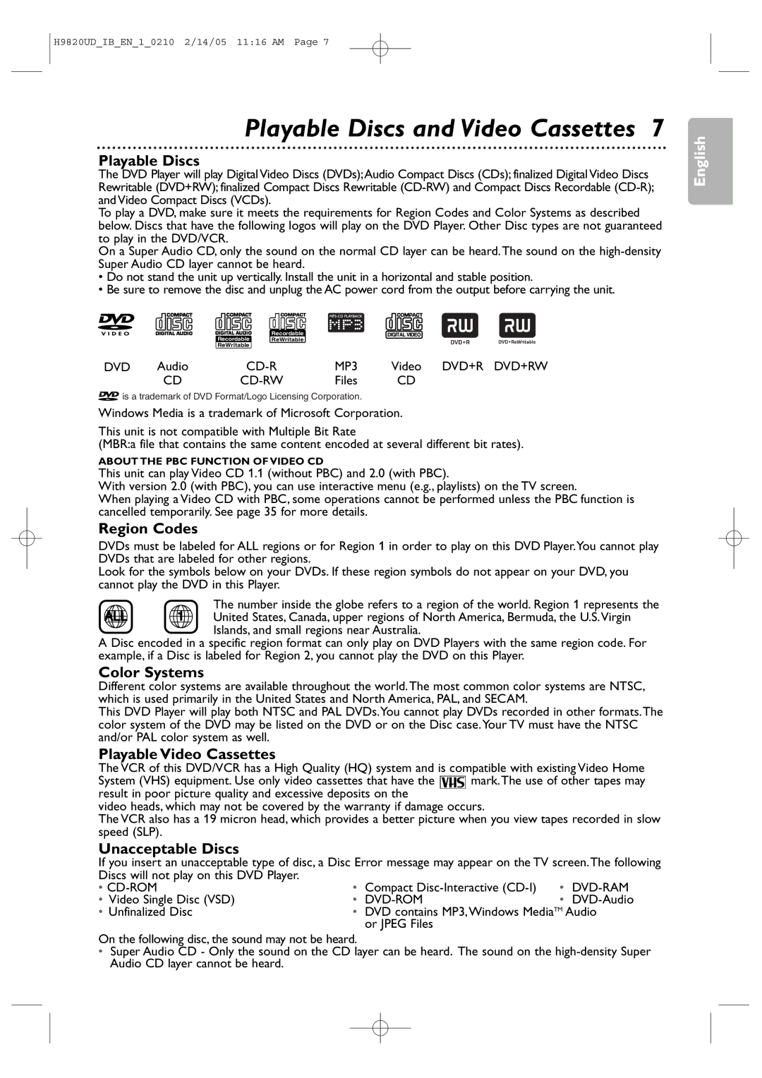 Philips DVP3050V/37B user manual Playable Discs and Video Cassettes 