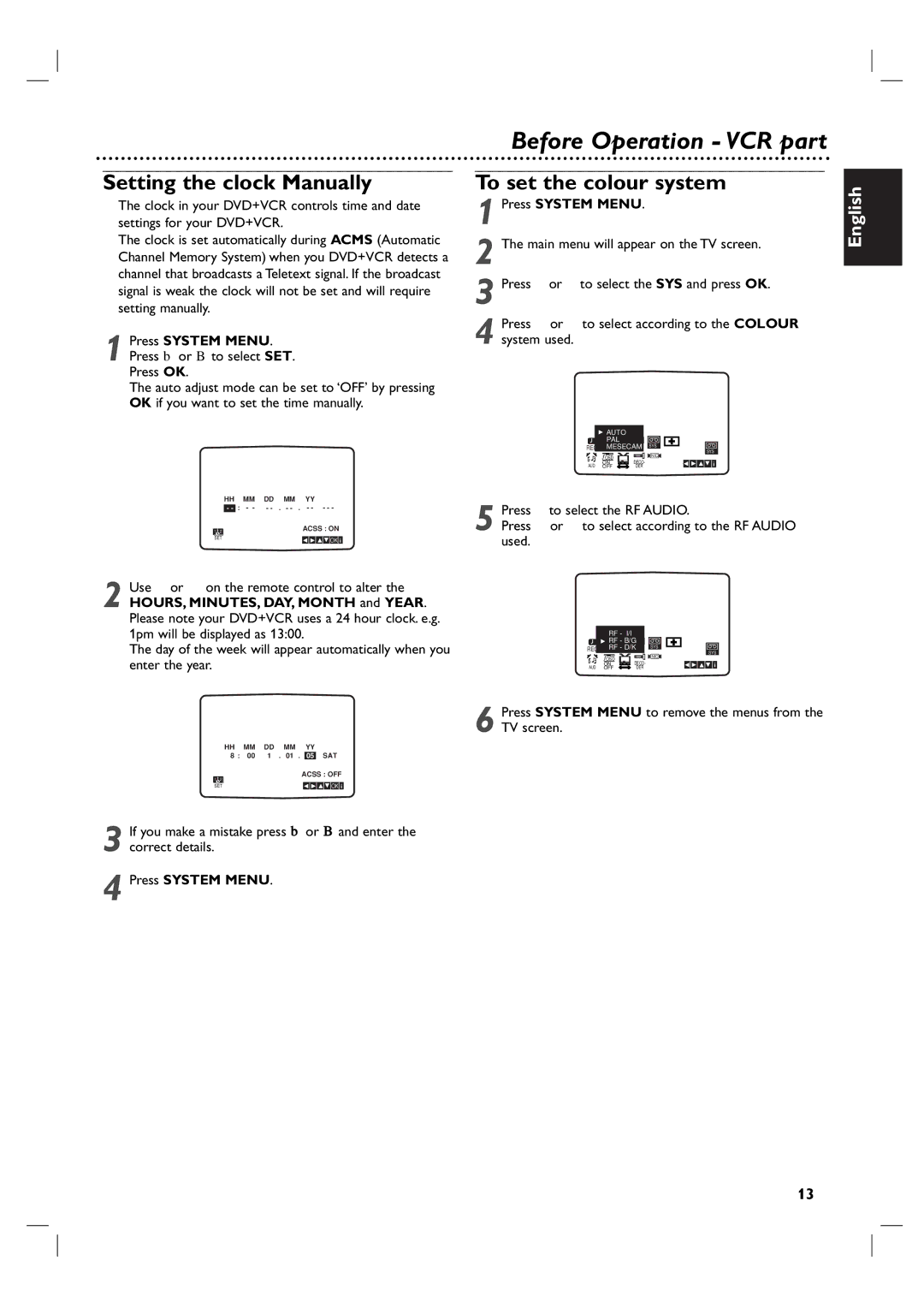 Philips DVP3055V/01 owner manual Setting the clock Manually, To set the colour system, Press System Menu 