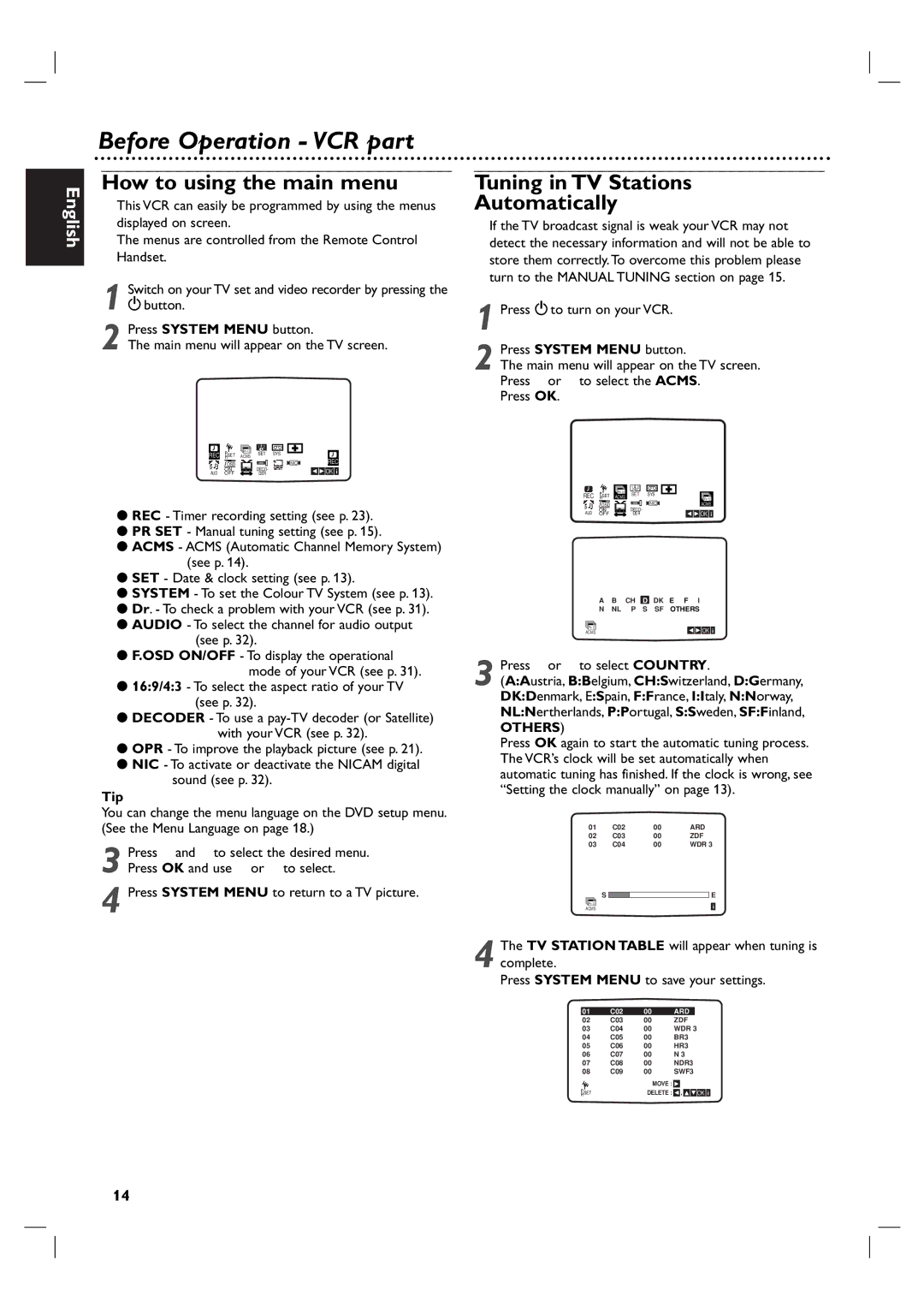 Philips DVP3055V/01 owner manual How to using the main menu, Tuning in TV Stations Automatically, Others 