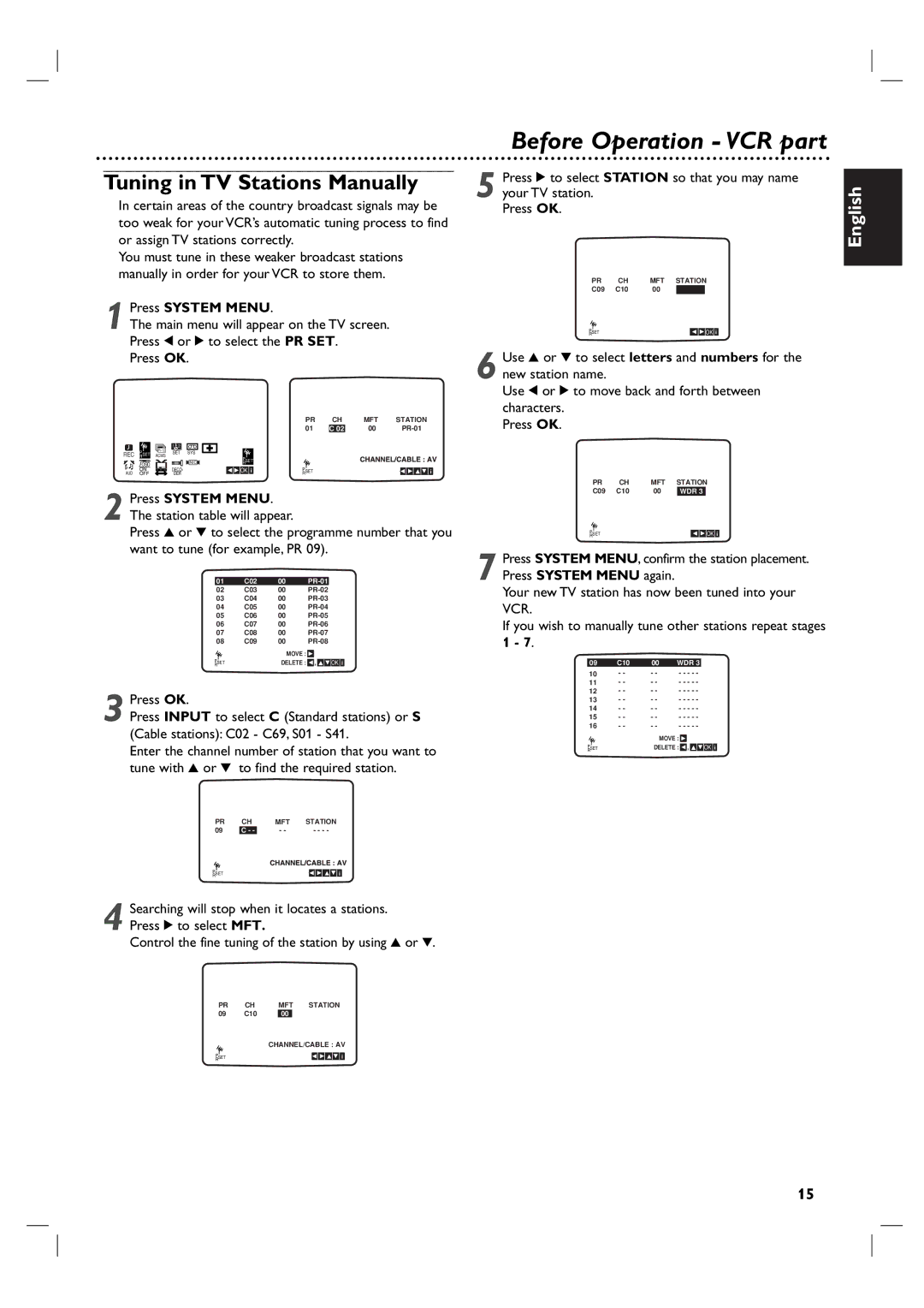 Philips DVP3055V/01 owner manual Tuning in TV Stations Manually, Press 1 or 2 to select the PR SET Press OK 