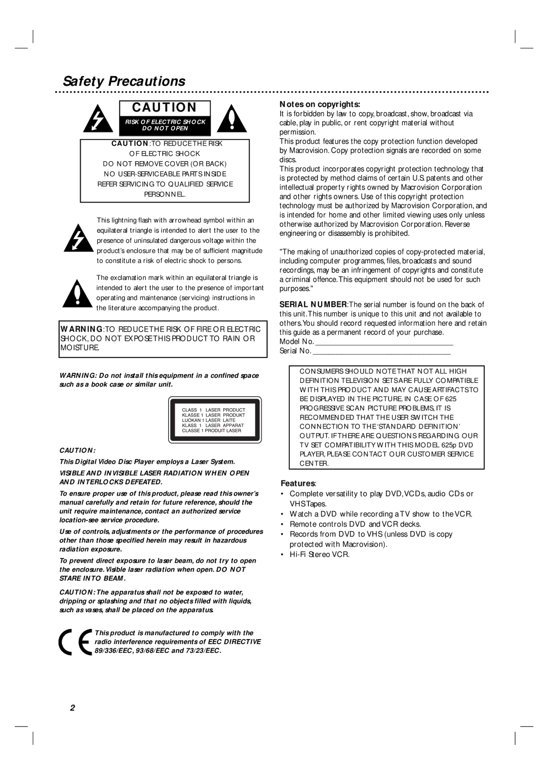 Philips DVP3055V/01 owner manual Safety Precautions, Model No Serial No, Features 