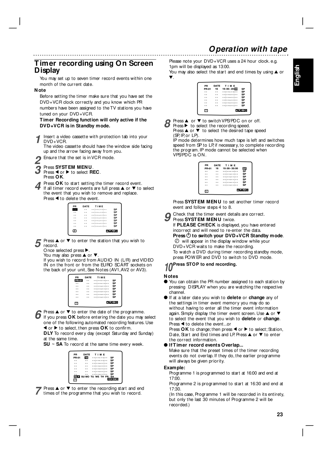 Philips DVP3055V/01 Timer recording using On Screen Display, Event that you wish to remove and replace, Example 