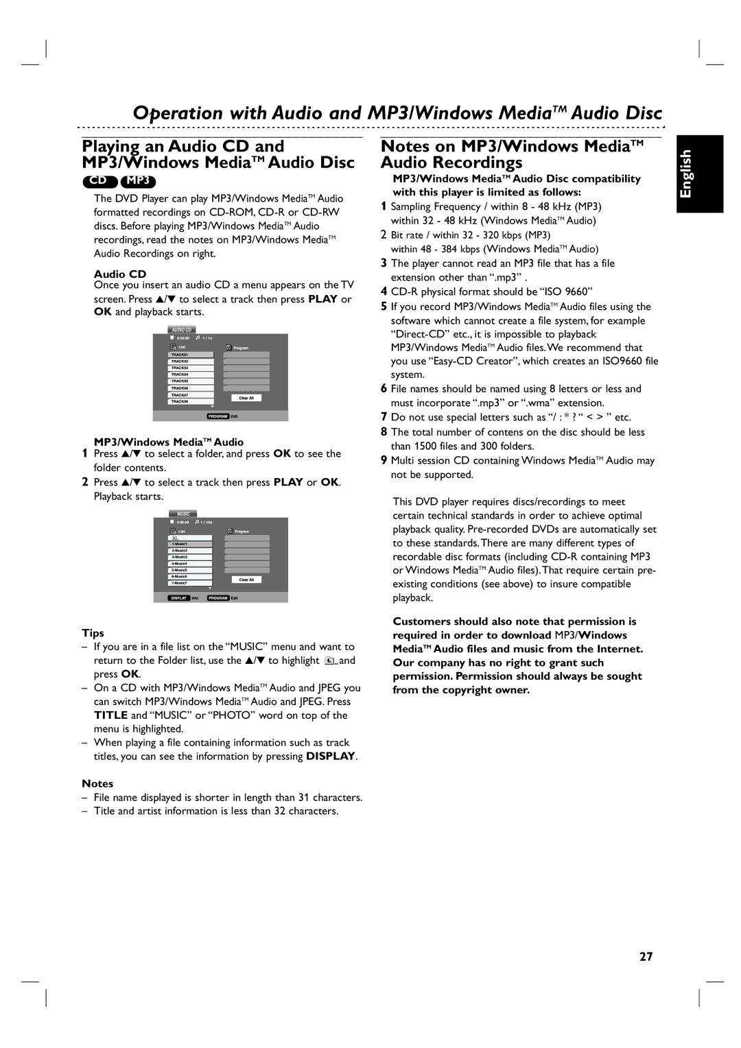 Philips DVP3055V/01 owner manual Operation with Audio and MP3/Windows MediaTM Audio Disc, Audio CD 