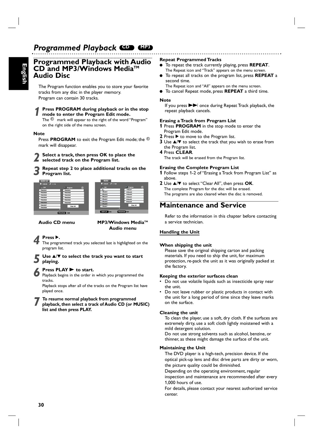 Philips DVP3055V/01 owner manual Programmed Playback CD MP3, Maintenance and Service 