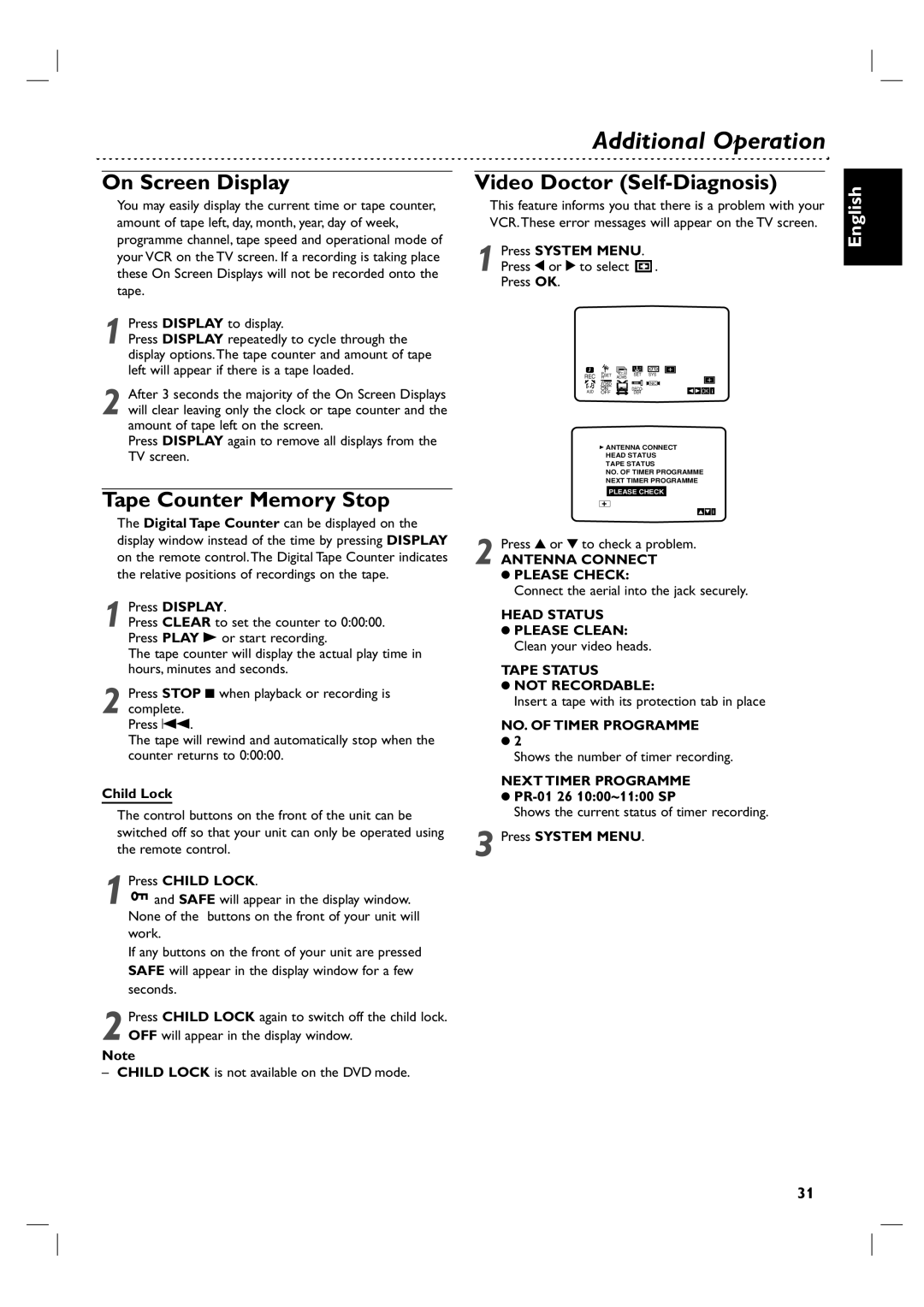 Philips DVP3055V/01 Additional Operation, On Screen Display, Tape Counter Memory Stop, Video Doctor Self-Diagnosis 