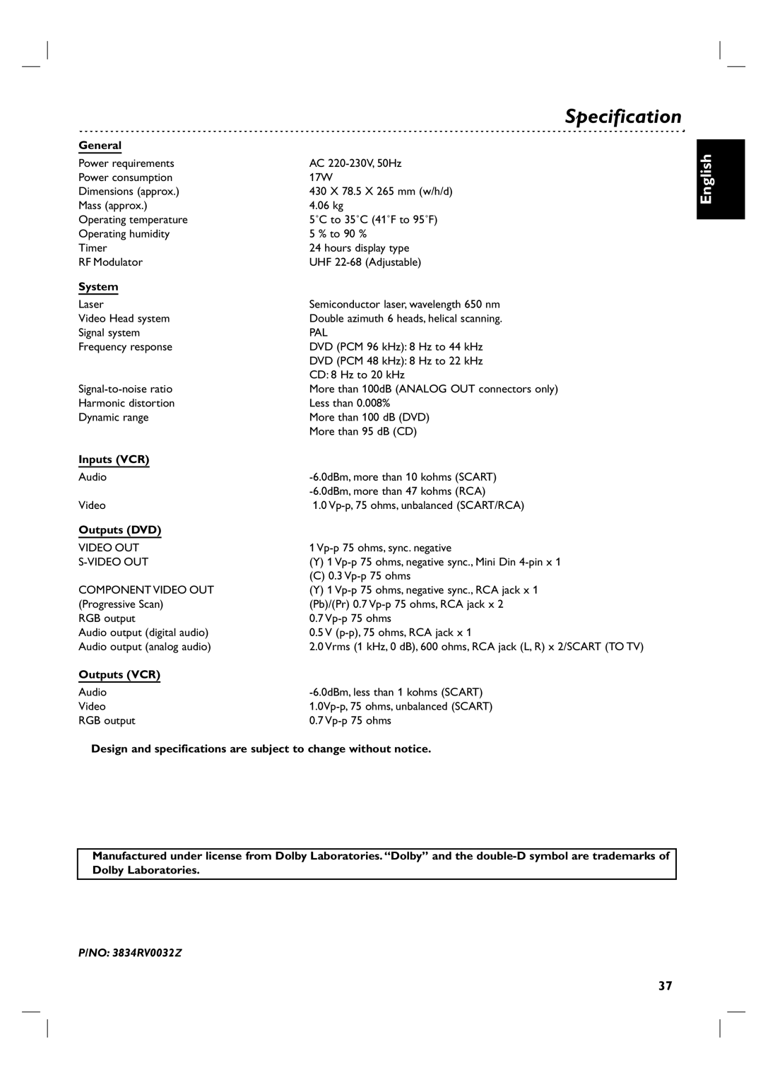 Philips DVP3055V/01 owner manual Specification 