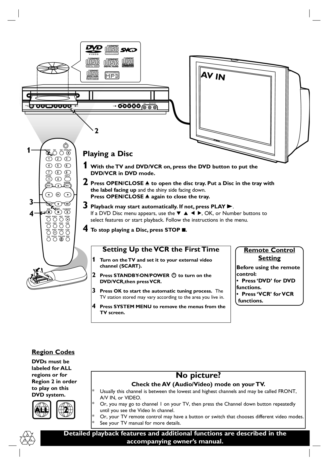 Philips DVP3055V/05 No picture?, Playing a Disc, Setting Up the VCR the First Time, Remote Control Setting, Region Codes 