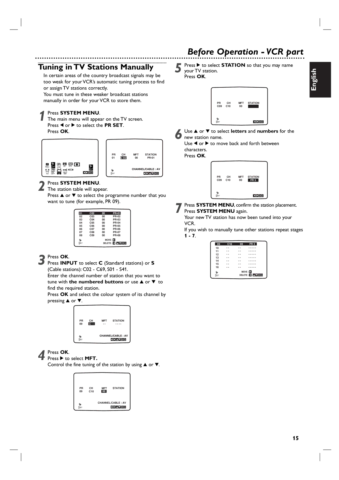 Philips DVP3055V/19 owner manual Tuning in TV Stations Manually, Press 1 or 2 to select the PR SET Press OK 