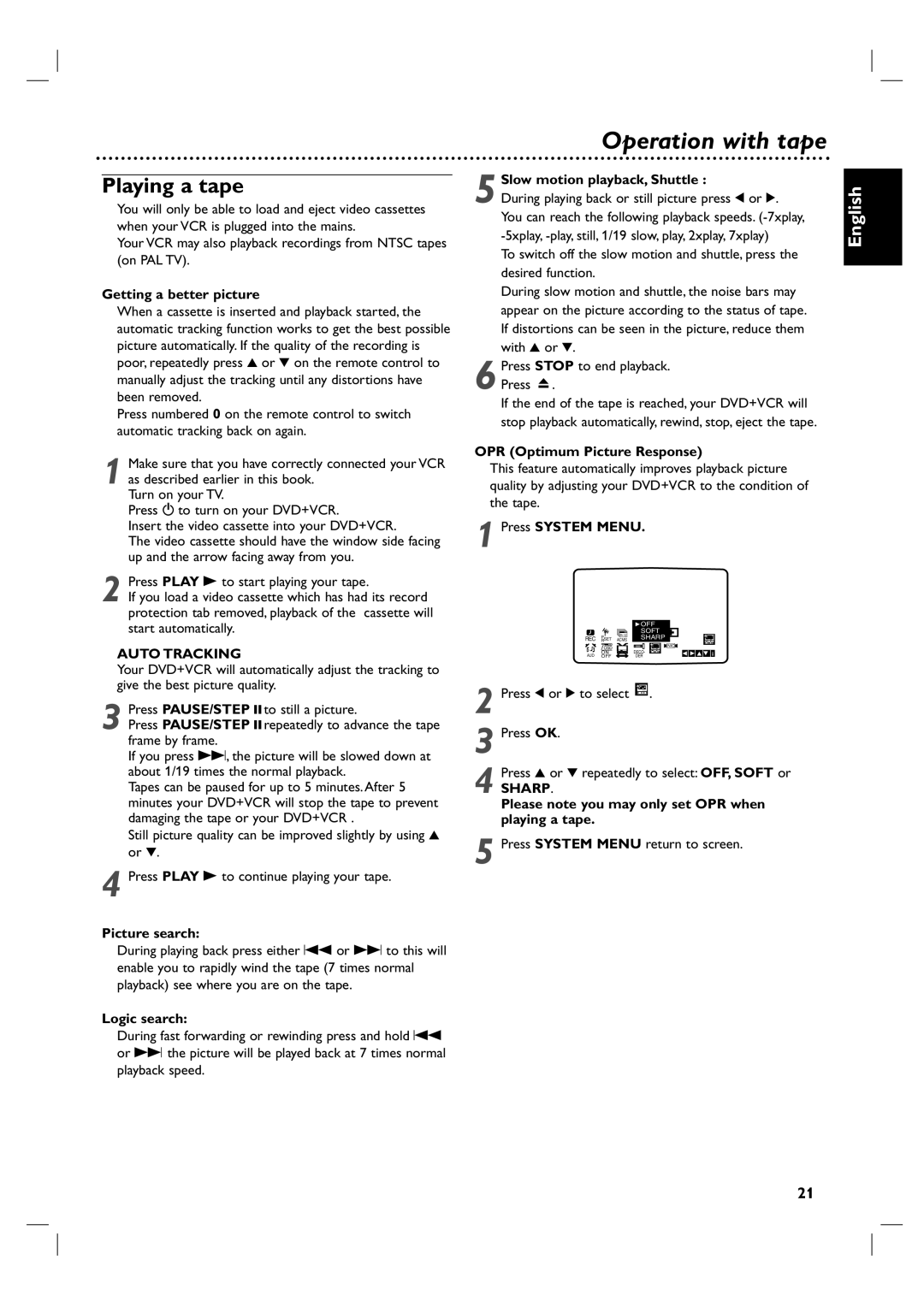 Philips DVP3055V/19 owner manual Operation with tape, Playing a tape, Auto Tracking, Sharp 